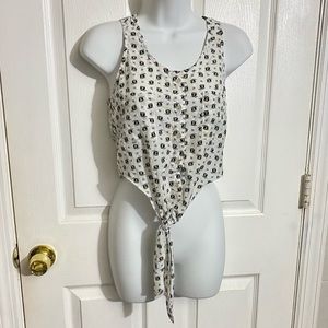 Ditsy Owl Print- Self Tie- Sleeveless- Button-Down Racerback Blouse-S